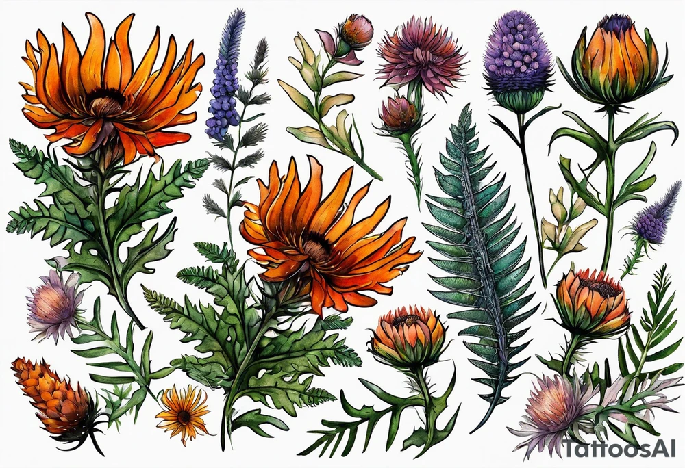 mixed wildflower bouquet with ferns, burnt orange flower, thistle and with watercolor to go along foot tattoo idea