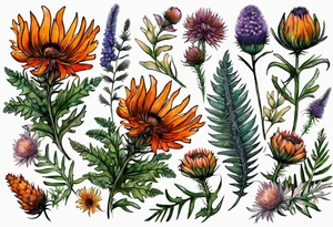 mixed wildflower bouquet with ferns, burnt orange flower, thistle and with watercolor to go along foot tattoo idea