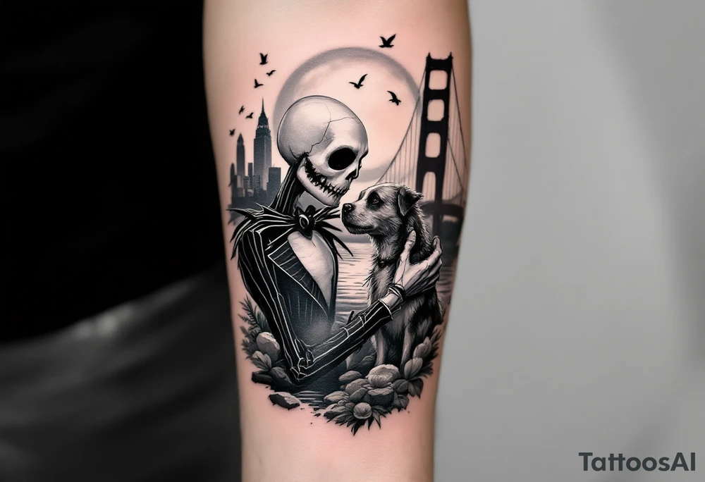 majestic jack skellington with dog,smoking a blunt and fishing,surrounded by city buildings,golden gate bridge, birds, palm trees, tattoo idea