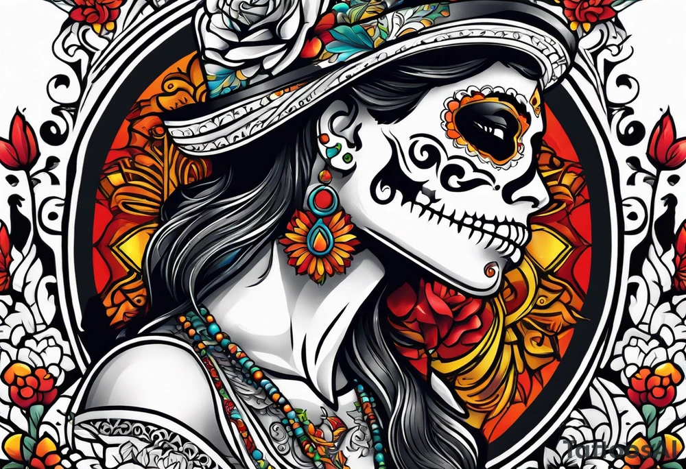 Mexico day of dead  rectangle  man skeleton tattoo idea