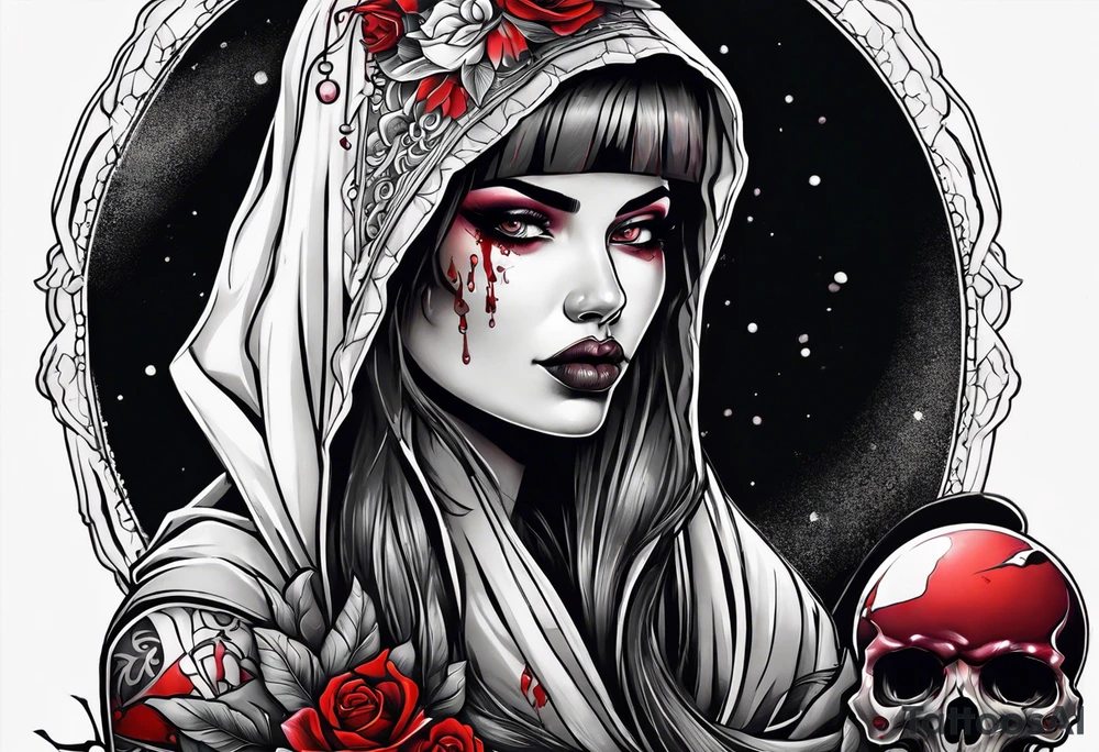 Bright bold Neo traditional tattoo scarred hooded woman with skulls and blood Holding a sphere tattoo idea