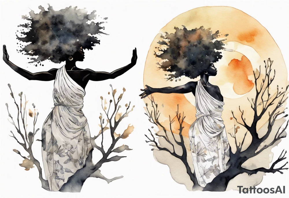 a tree that turns into a black woman reaching with her arms towards the sun, wearing a tunic tattoo idea