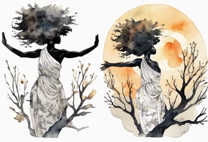 a tree that turns into a black woman reaching with her arms towards the sun, wearing a tunic tattoo idea
