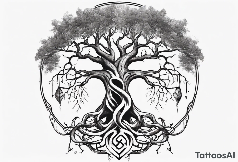 Yggdrasil with a serpent weaving through the roots of the tree tattoo idea