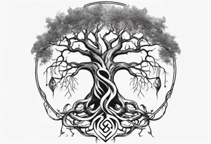 Yggdrasil with a serpent weaving through the roots of the tree tattoo idea