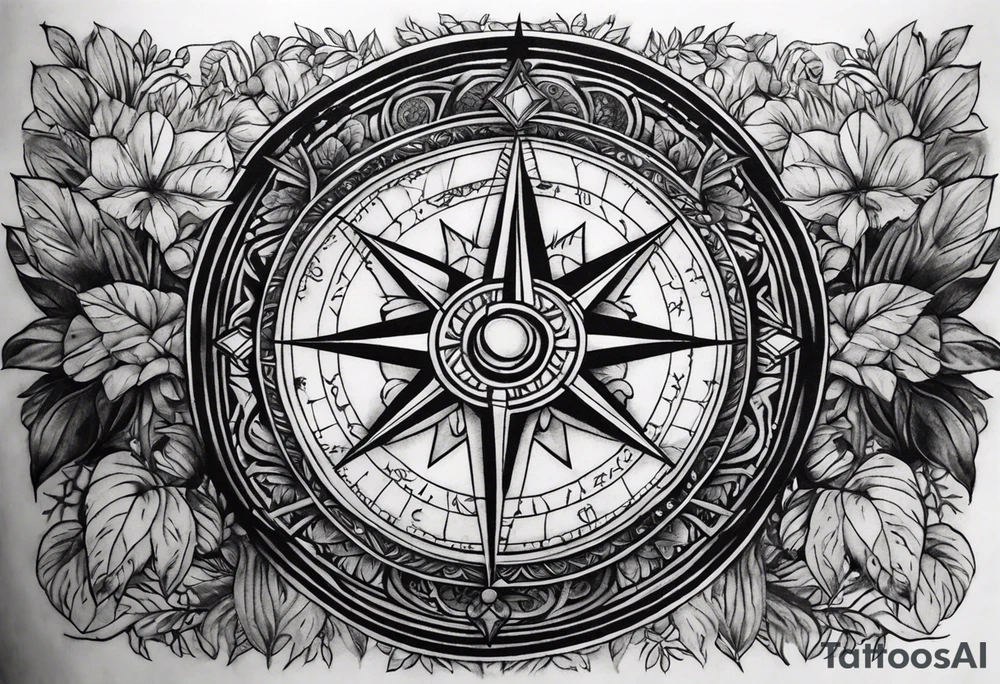 arm sleeve tattoo with Viking compass and all-seeing eye surrounded by jungle plants tattoo idea