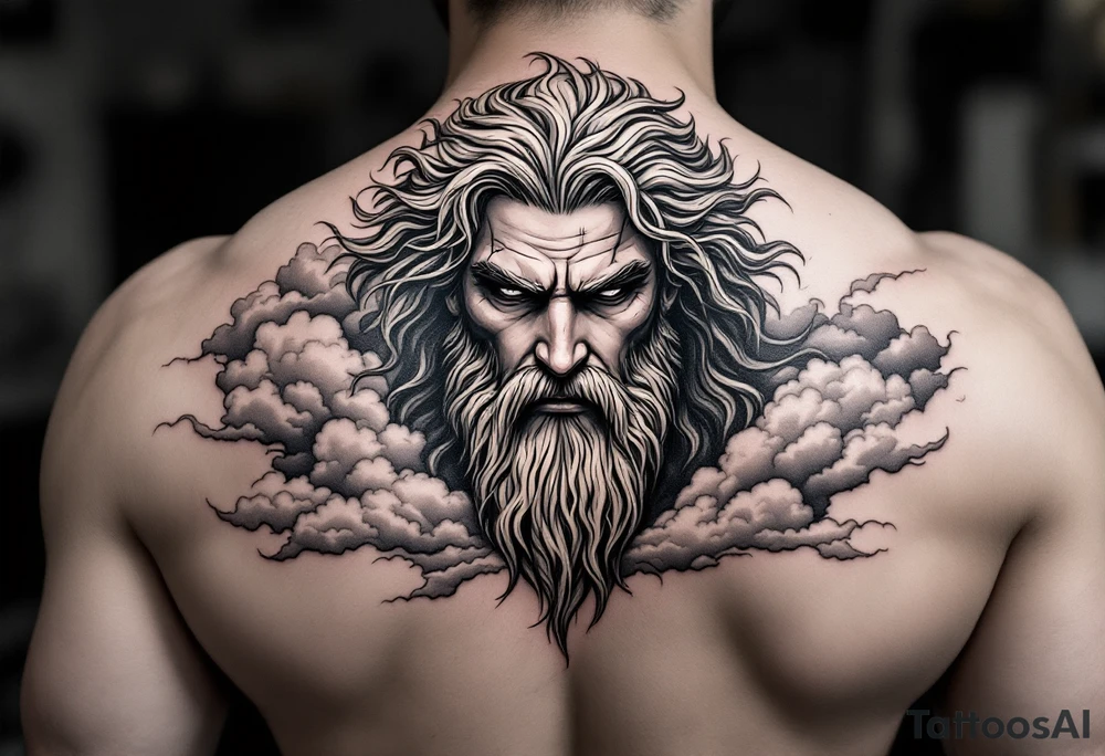 a realistic, black and white, masculine tattoo of Zeus’s face in the clouds facing slightly downwards and to just slightly to one side in the style of realism, hyper realistic, heavy lines  , elegantly shaded tattoo idea