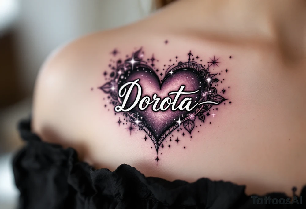 A heart surrounded by cosmic elements, with names "Dorota" written in an elegant white script, accented by soft purple and silver sparkles. tattoo idea