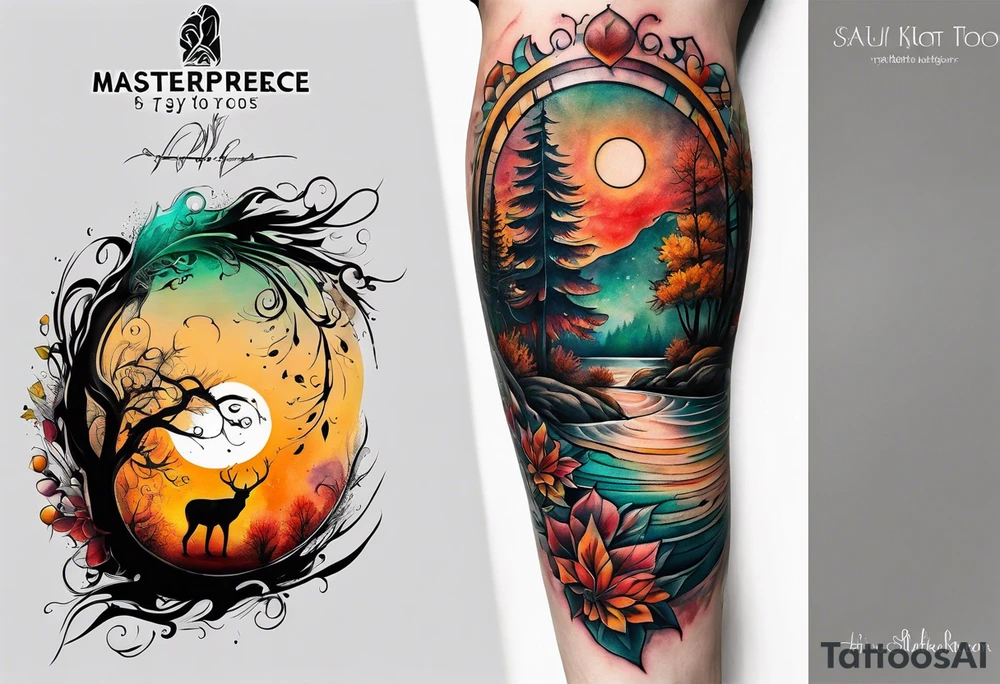 Knee tattoo in fall colors with water flow washes tattoo idea