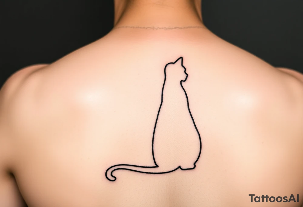 "Minimalist black tattoo of:  
1. Cat (geometric outline, sitting calmly)  
2. Maxim M1910 machine gun (simplified side view)  

Key details:  
- Cat's tail transforms into the gun barrel  
- No shading, only clean 1mm lines  
- Size: 10cm (forearm)  

Style: Like a zen ink painting meets military schematic." tattoo idea