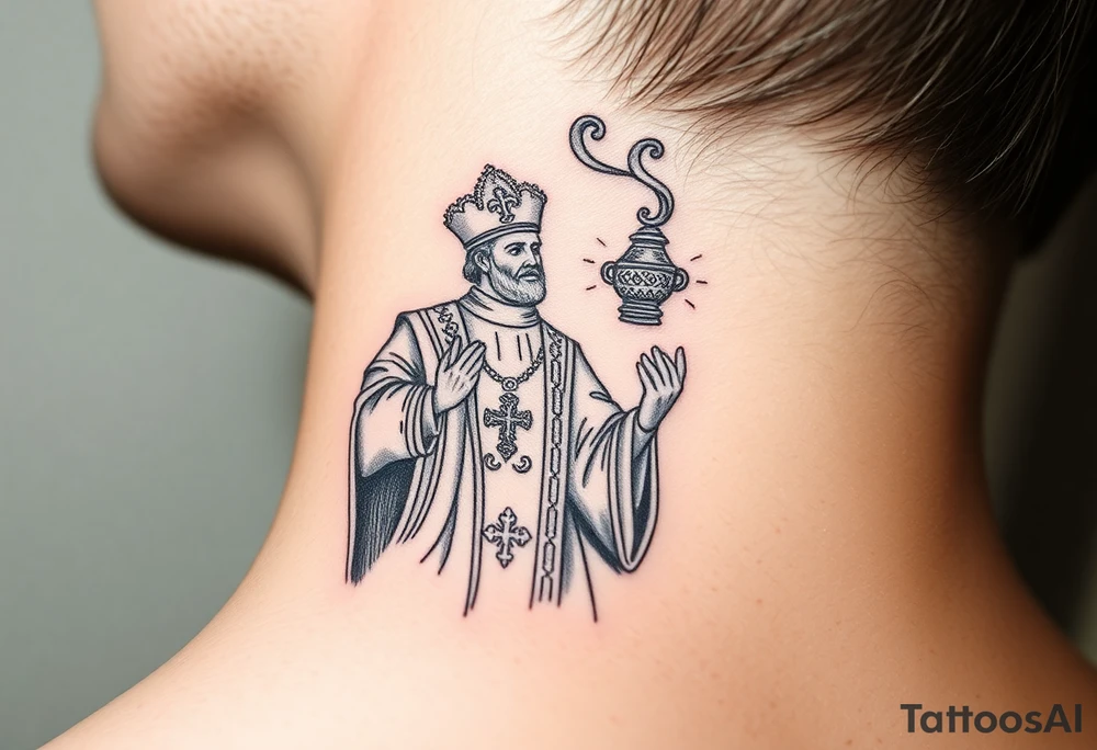 Russian Orthodox Priest in a fully detailed gold vestment swinging a censer with smoke curling upward tattoo idea