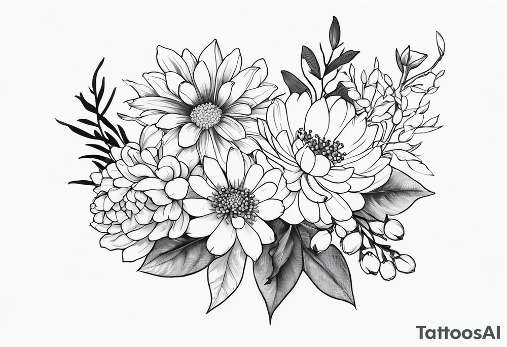 Asters, roses, lily of the valley, and chrysanthemums sleeve tattoo idea