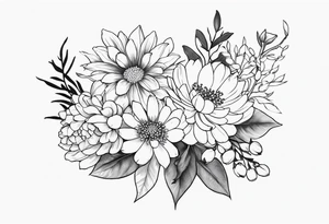 Asters, roses, lily of the valley, and chrysanthemums sleeve tattoo idea