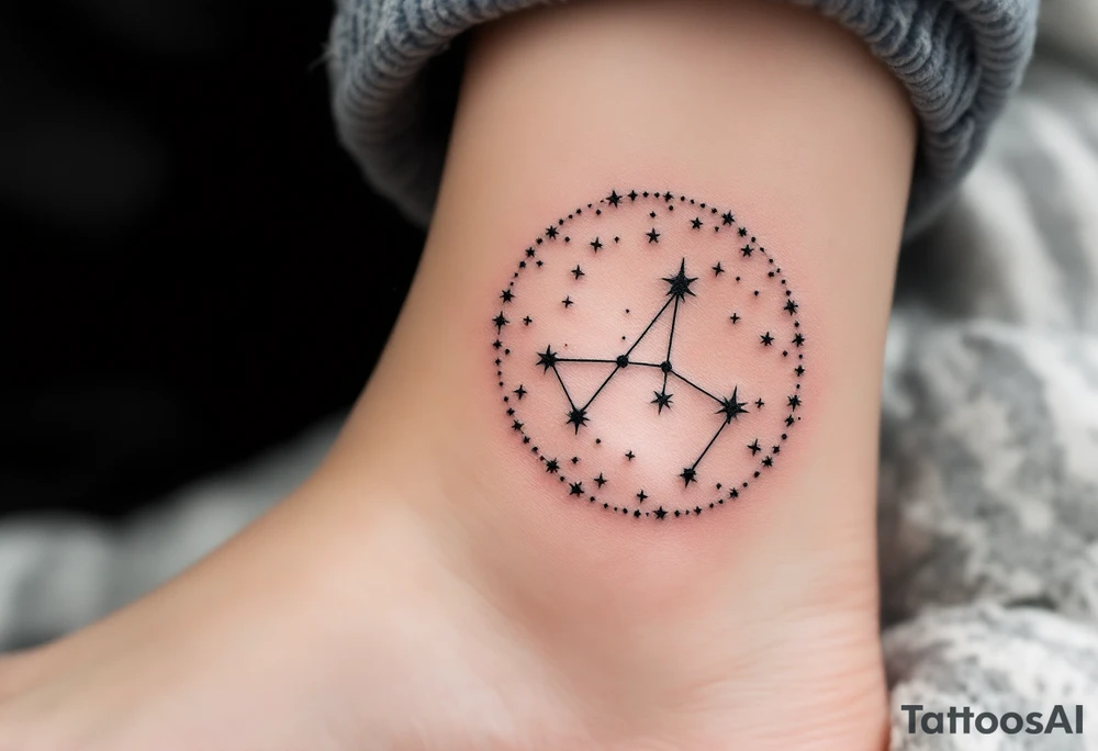 A minimal dotwork design with white ink Sagittarius stars constellation in a circle of smoky gray shading. tattoo idea