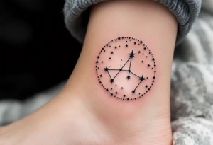 A minimal dotwork design with white ink Sagittarius stars constellation in a circle of smoky gray shading. tattoo idea