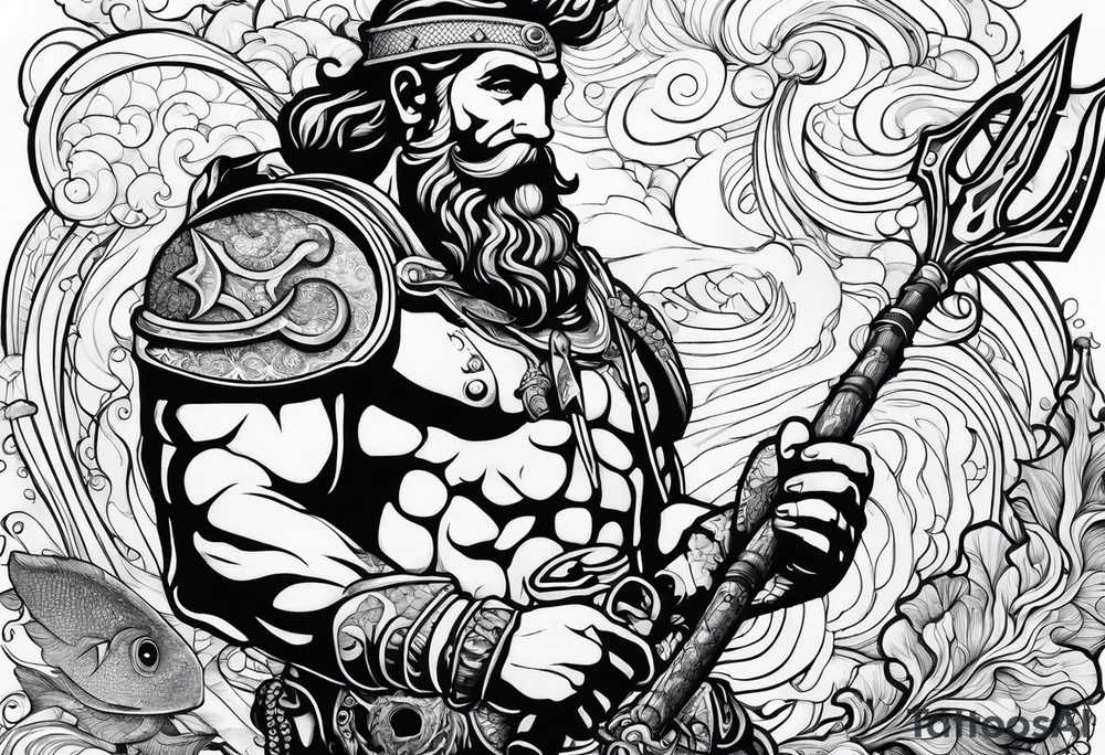 Scuba diver holding a trident of Poseidon tattoo idea