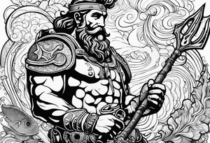 Scuba diver holding a trident of Poseidon tattoo idea