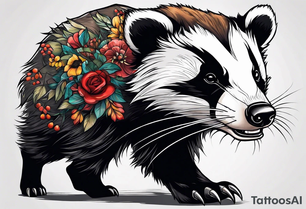 aggressive full body and killer face badger/wolverine with cute smile tattoo idea