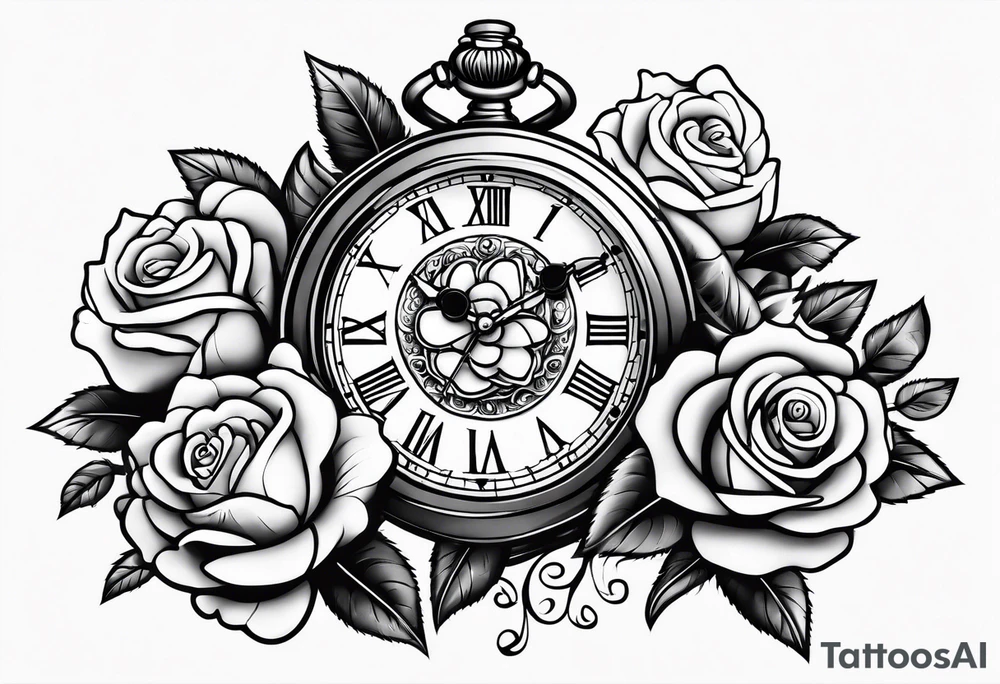 Pocket clock with chain and roses tattoo idea