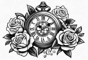 Pocket clock with chain and roses tattoo idea