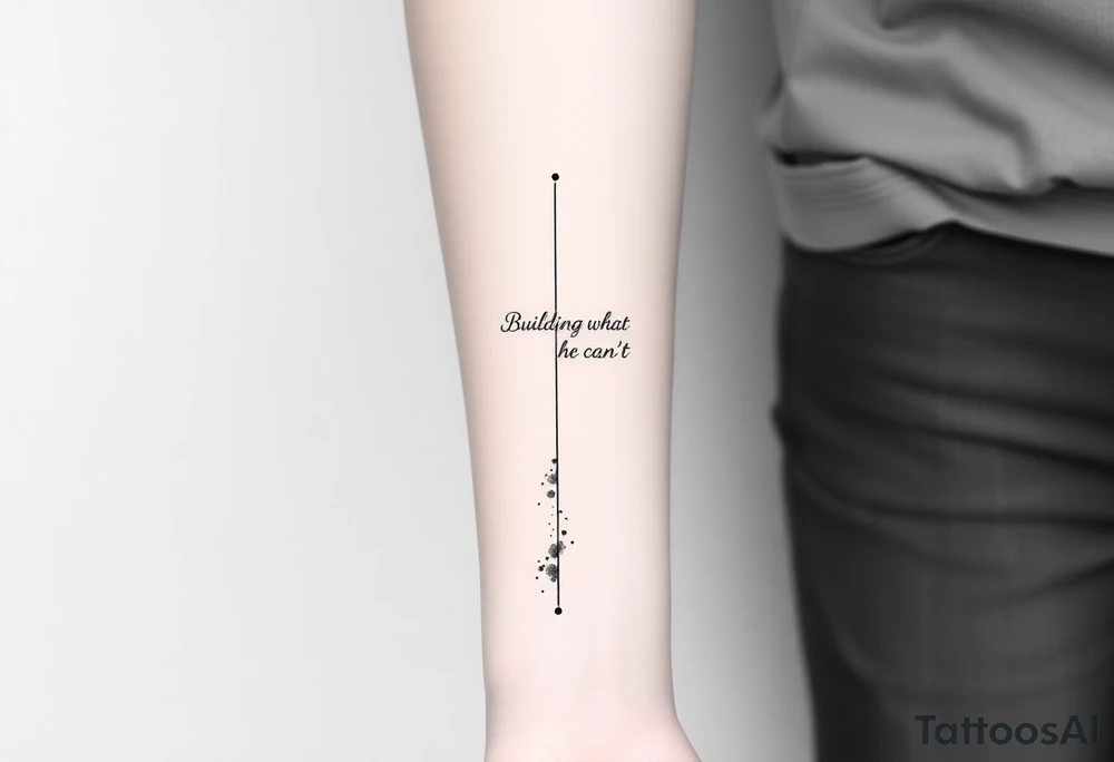 Minimalist black-ink forearm tattoo representing father and son, legacy, and continuation of unfinished dreams. Central design: a single, flowing vertical line or abstract path starting fragmented at the bottom (symbolizing the father’s unfinished work) and gradually becoming solid and strong as it rises (symbolizing the son carrying the legacy forward). Along the path, include fine, particle-like dots or subtle flowing lines that represent the father’s guidance and energy cheering the son on. Above the path, subtly integrate an abstract, ethereal outline of the father watching proudly, made with minimal fine lines, fading into the composition without overpowering the main flow. Hidden within or alongside the line, include the phrase “Building what he couldn’t” in elegant, small script. Style: clean minimalistic black ink only, fine-line geometric abstraction with flowing composition, organic motion of particles, strong symbolism of legacy, guidance, and transcendence, forearm-optimized vertical layout, visually balanced and readable at arm scale. tattoo idea