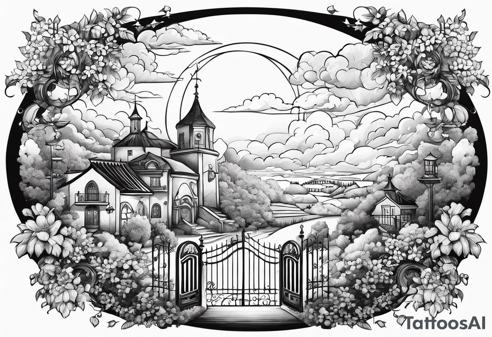 heaven summer town with tower houses gate entrance 
 in circle transparent clouds  vignette tattoo idea