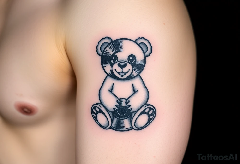 minimalist teddy bear with vinyl records as eyes smiling and sitting on a record tattoo idea