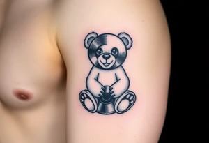 minimalist teddy bear with vinyl records as eyes smiling and sitting on a record tattoo idea