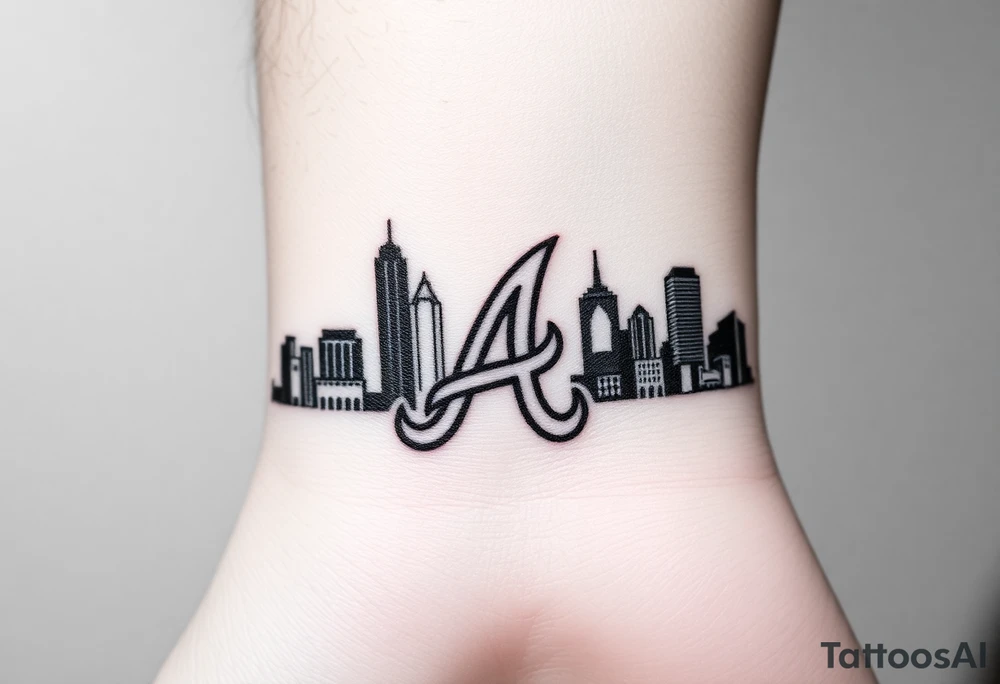 Atlanta city skyline with the Atlanta Braves “A” letter logo negative shaded tattoo idea