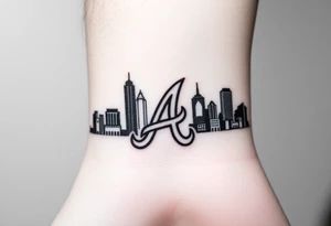 Atlanta city skyline with the Atlanta Braves “A” letter logo negative shaded tattoo idea