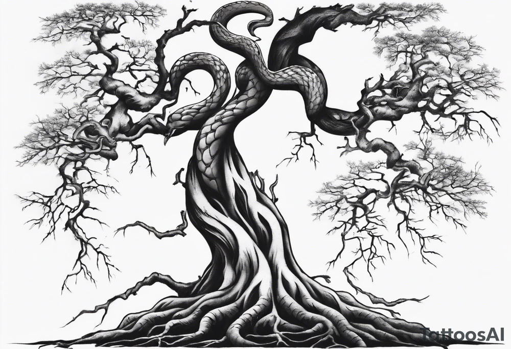 bare tree with a snake in the roots of the tree tattoo idea