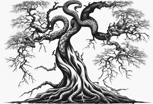 bare tree with a snake in the roots of the tree tattoo idea