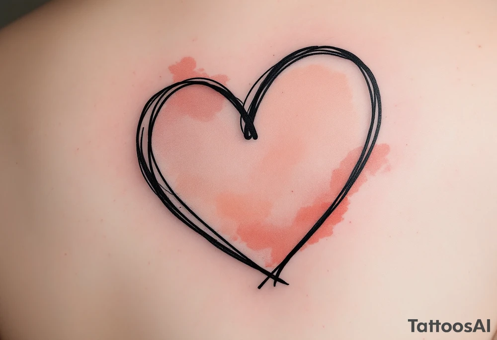 A black heart outline with the names written inside, surrounded by a faded watercolor gradient of soft peach and red tones. tattoo idea