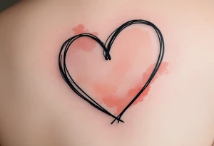 A black heart outline with the names written inside, surrounded by a faded watercolor gradient of soft peach and red tones. tattoo idea