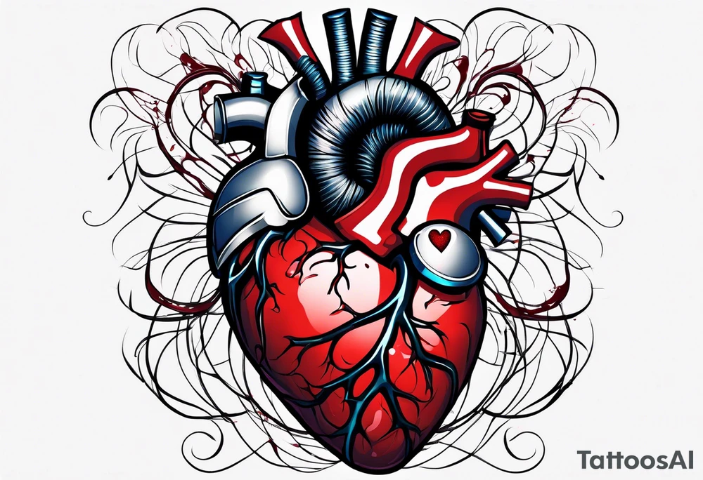Anatomic heart with wire and blood on a sleeve tattoo idea