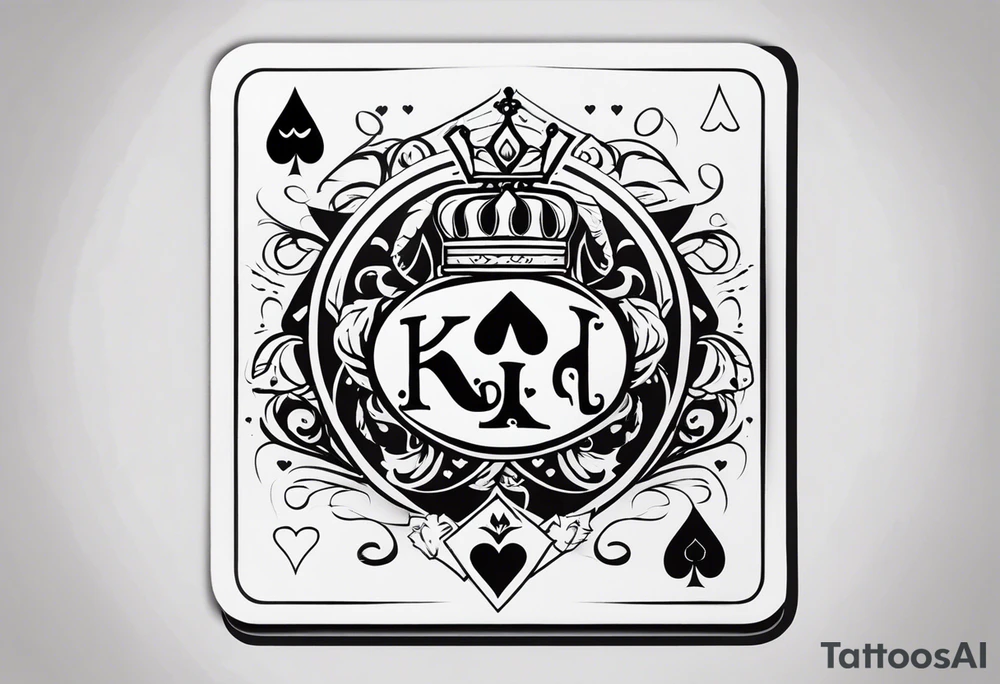 Only  Two cards no faces just letters and shapes, king of hearts with the K in the middle of the card and hearts in the corners and the Ace of spades behind it with the A in the corner peeking from behind the king of hearts card tattoo idea