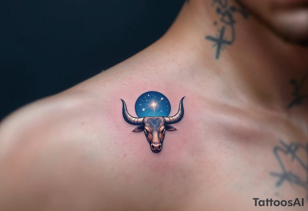 In the indigo sky, the silver horns of Taurus reach toward its star constellation with earthy determination. tattoo idea
