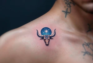 In the indigo sky, the silver horns of Taurus reach toward its star constellation with earthy determination. tattoo idea