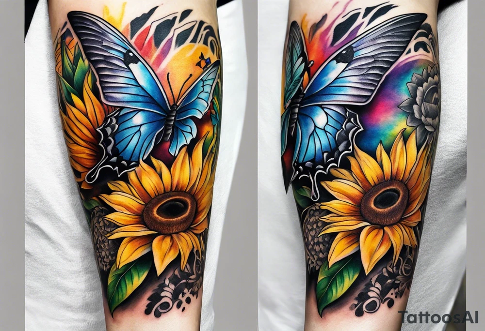 arm sleeve with winged cross, rainbow sunflowers and butterflies tattoo idea