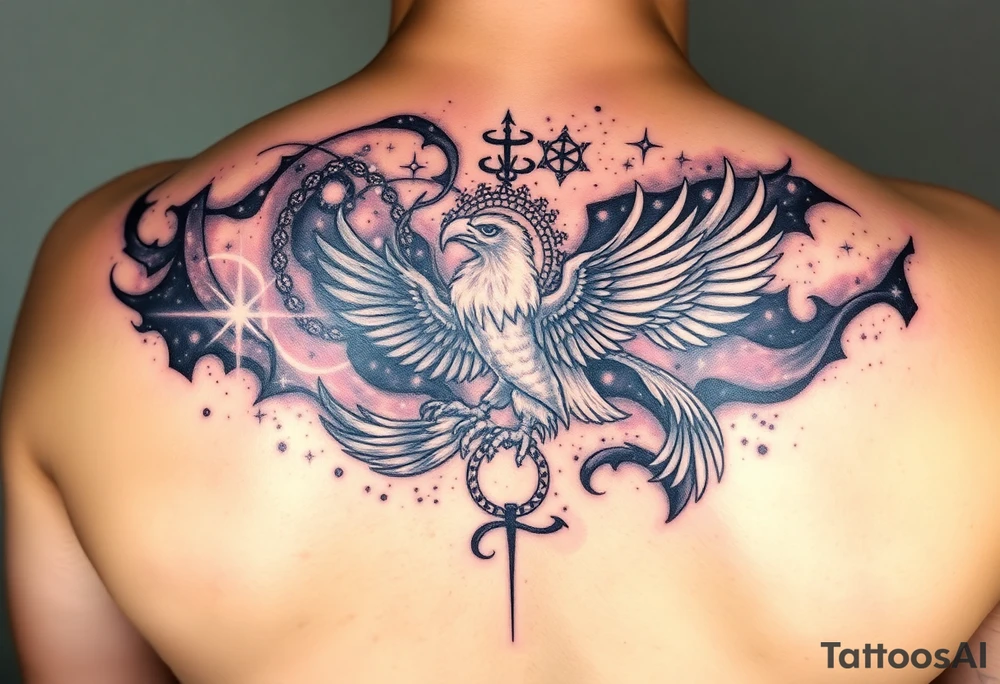 A swirling galaxy nebula, with embedded constellations forming the shapes of a scorpion, eagle, and phoenix. Textured cosmic dust and vibrant colors create depth and obscure the original tattoo. tattoo idea
