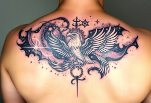 A swirling galaxy nebula, with embedded constellations forming the shapes of a scorpion, eagle, and phoenix. Textured cosmic dust and vibrant colors create depth and obscure the original tattoo. tattoo idea