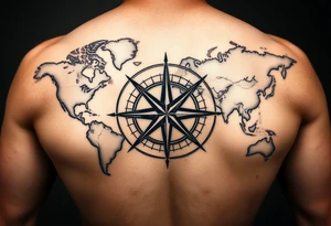 antique compass rose overlaid on weathered world map with sailing ships tattoo idea