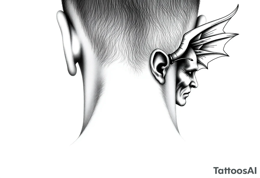 position behind the neck Angel (on the right) whispering in the right ear, demon (on the left) whispering in the left ear tattoo idea