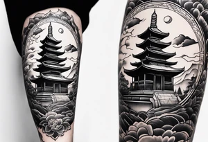 The back of a forearm including a old world map, a small Buddhist temple tattoo idea