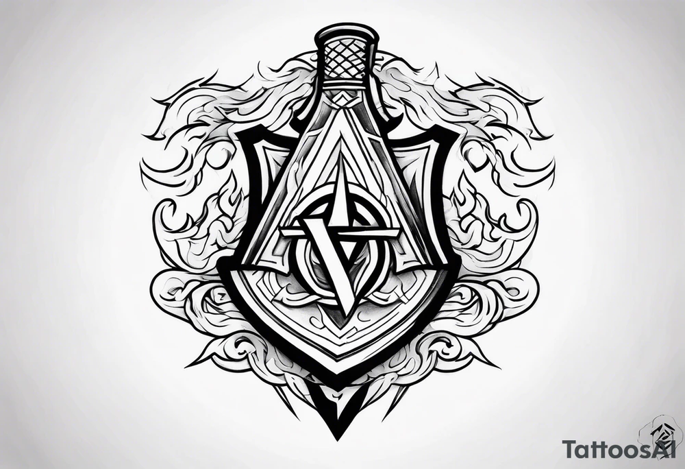 Valhalla shield valknut sword axe flames clouds tattoo idea Valhalla shield valknut sword axe flames clouds tattoo idea