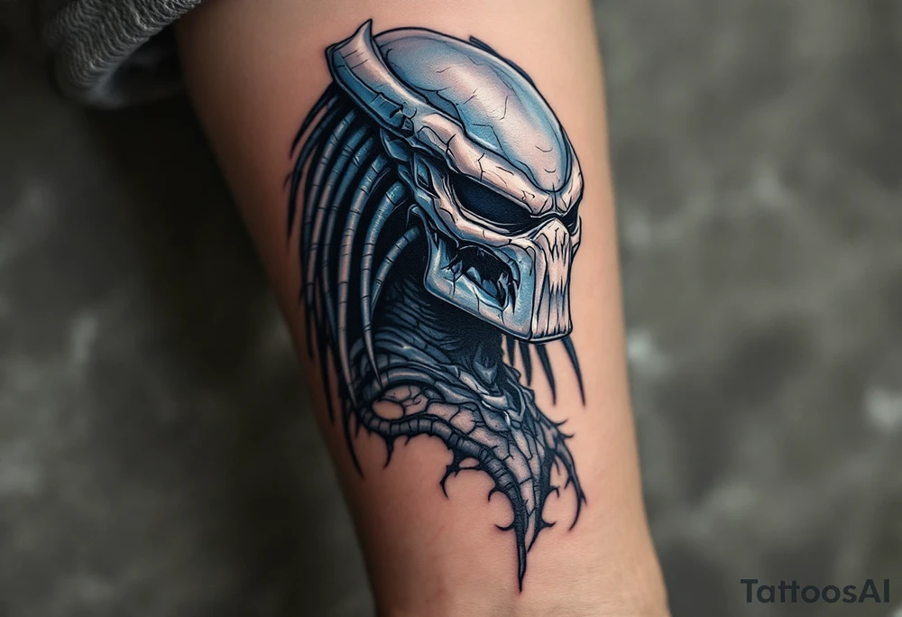 Ghost Predator – A stealth-based hunter with muted gray-blue camouflage skin, almost no armor, and a skull-like bio-mask designed to terrify prey. Uses silent weapons instead of plasma-based technology. tattoo idea