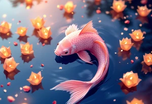 Pink Koi with Floating Lanterns – A soft pink koi surrounded by glowing orange paper lanterns on water, evoking peace, hope, and remembrance. tattoo idea