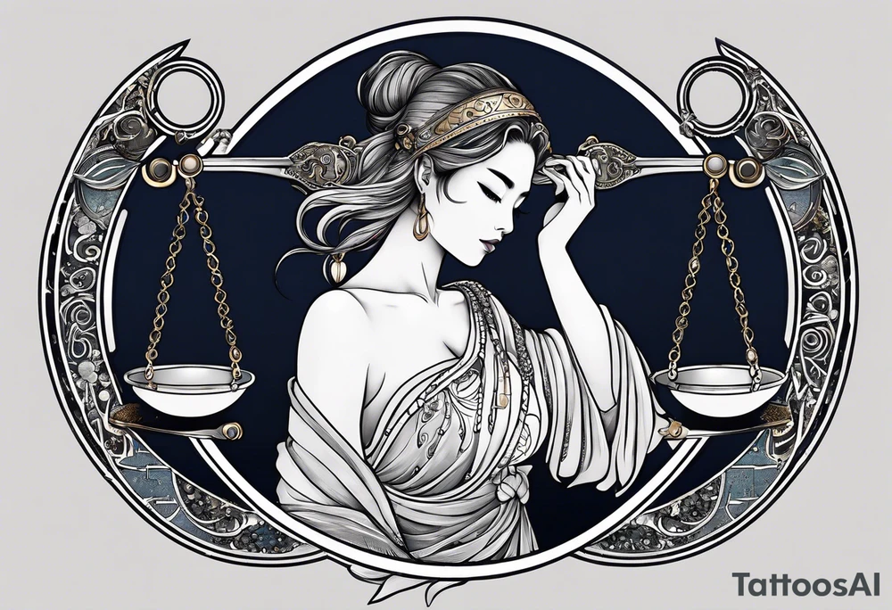 Libra woman holding scales with a night zodiac background including a half moon that encircles half of the woman tattoo idea