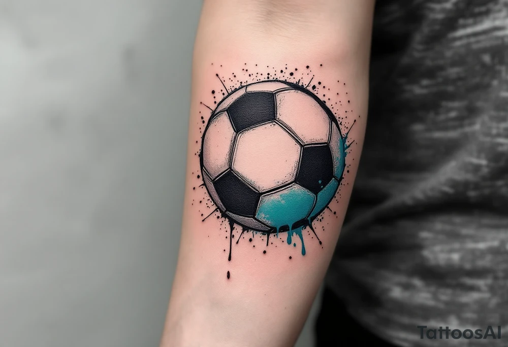 A small behind-the-ear soccer ball tattoo in black with a splash of teal paint. tattoo idea