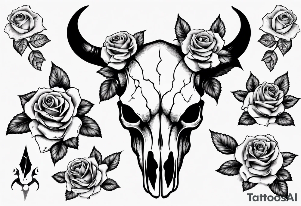 bulls skull with roses tattoo idea